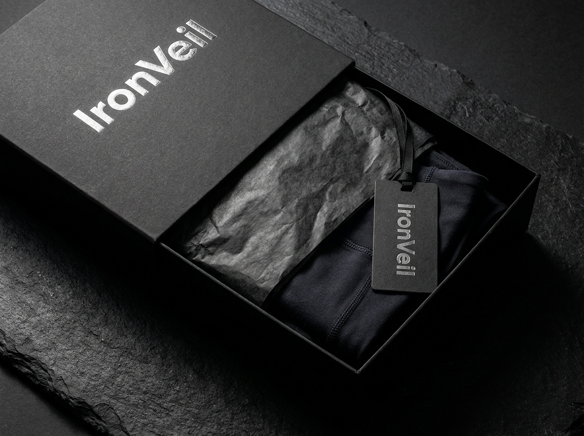 IronVeil Athletics packaging — matte black boxes with silver foil branding and premium hang tags