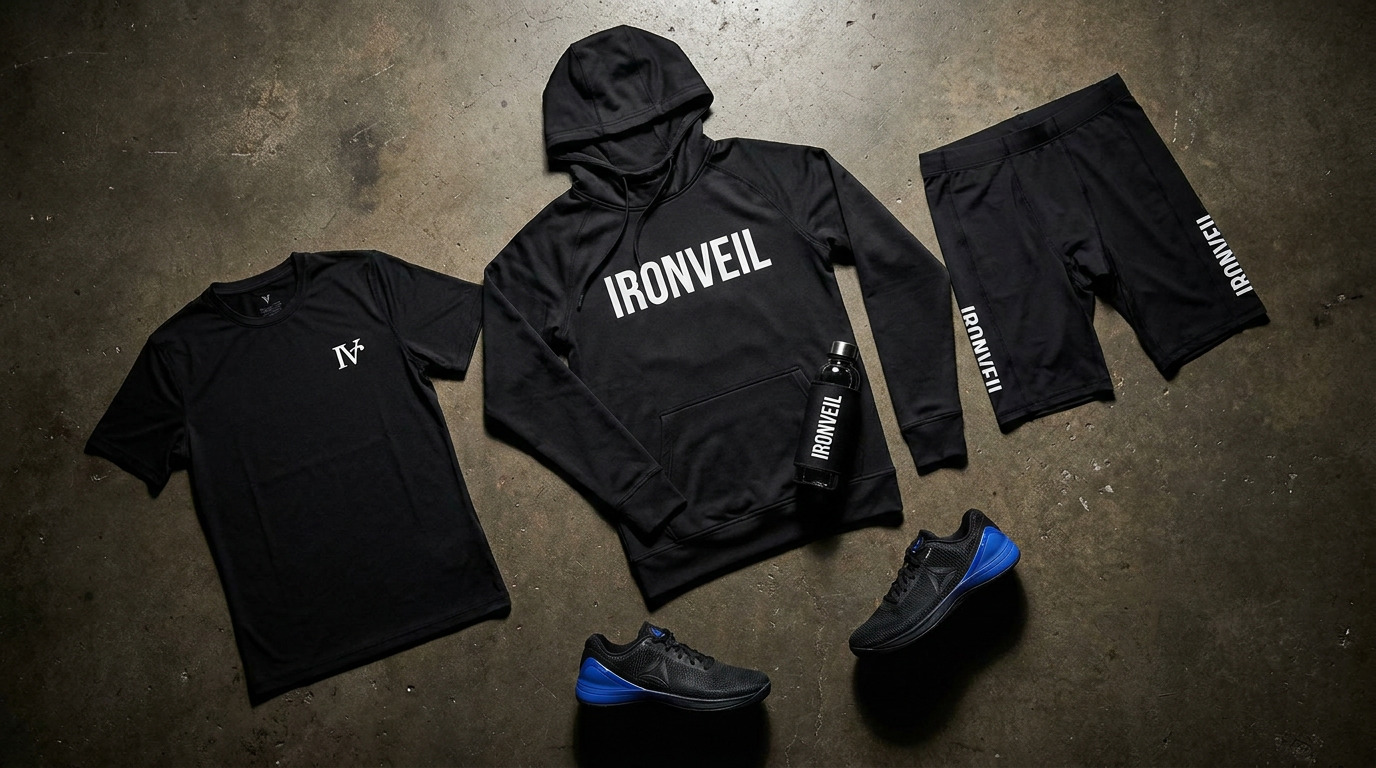 IronVeil Athletics product flat-lay — activewear collection on dark background