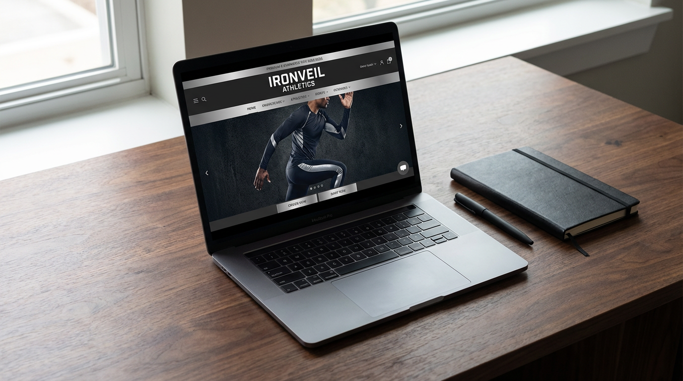 IronVeil Athletics e-commerce website — dark premium interface on laptop