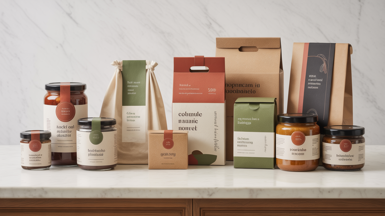 Kindred Foods packaging lineup — artisanal jars and boxes with clean modern labels
