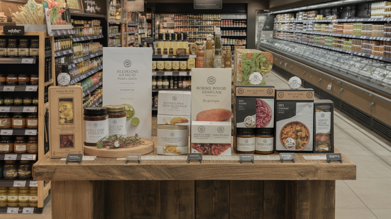 Kindred Foods retail shelf display — premium product arrangement at high-end grocery