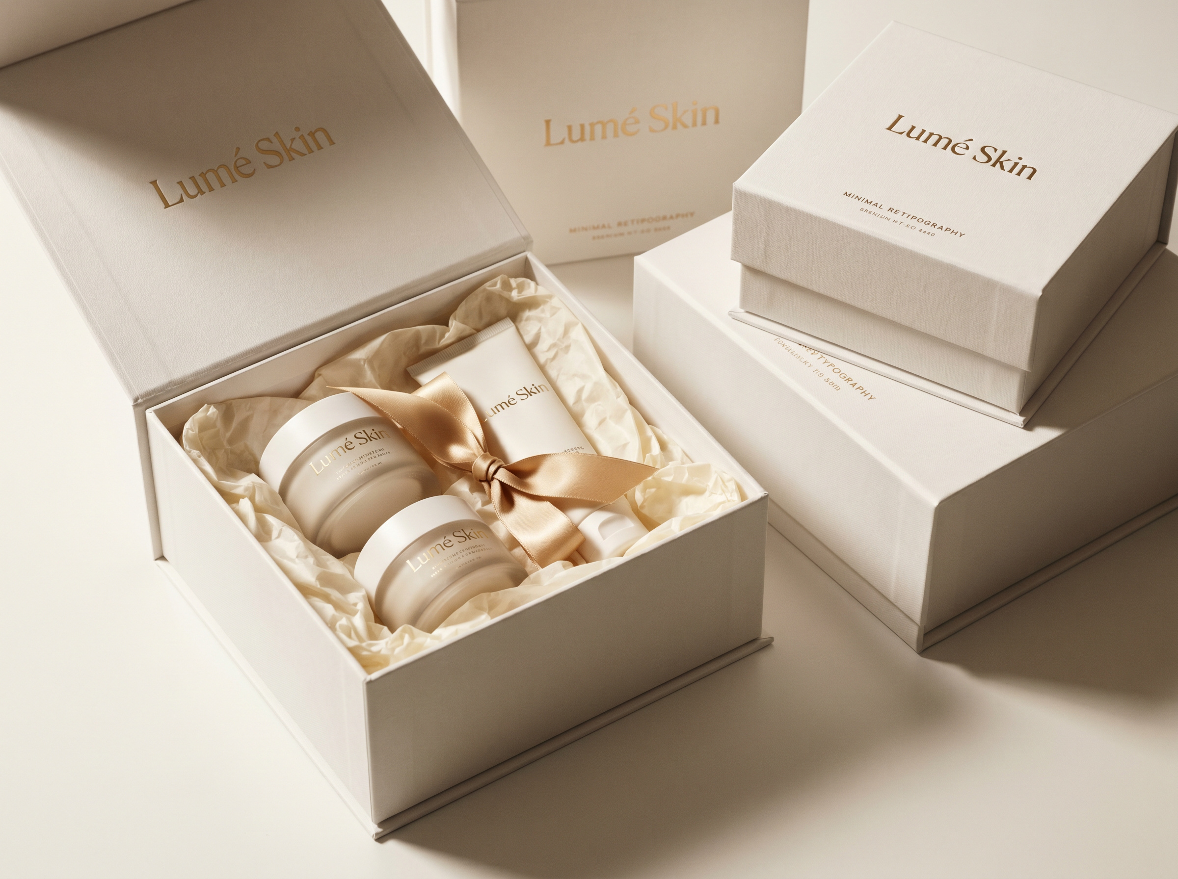 Lumé Skin packaging design — elegant boxes and tubes with gold foil branding