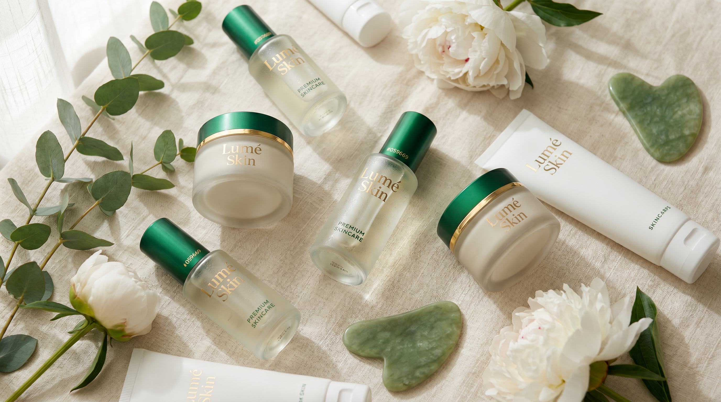 Lumé Skin product photography — premium serums and bottles on linen background