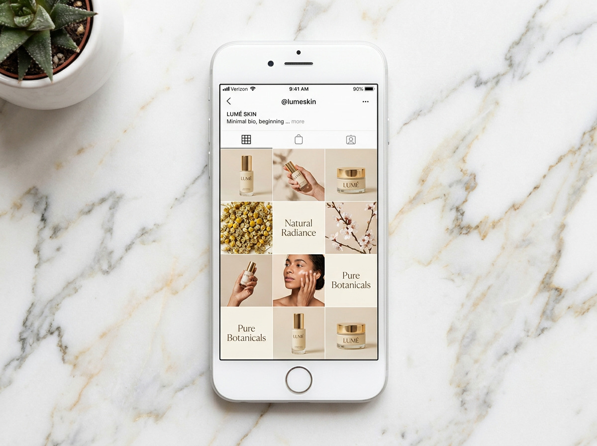 Lumé Skin Instagram content grid — cohesive clean beauty social media system