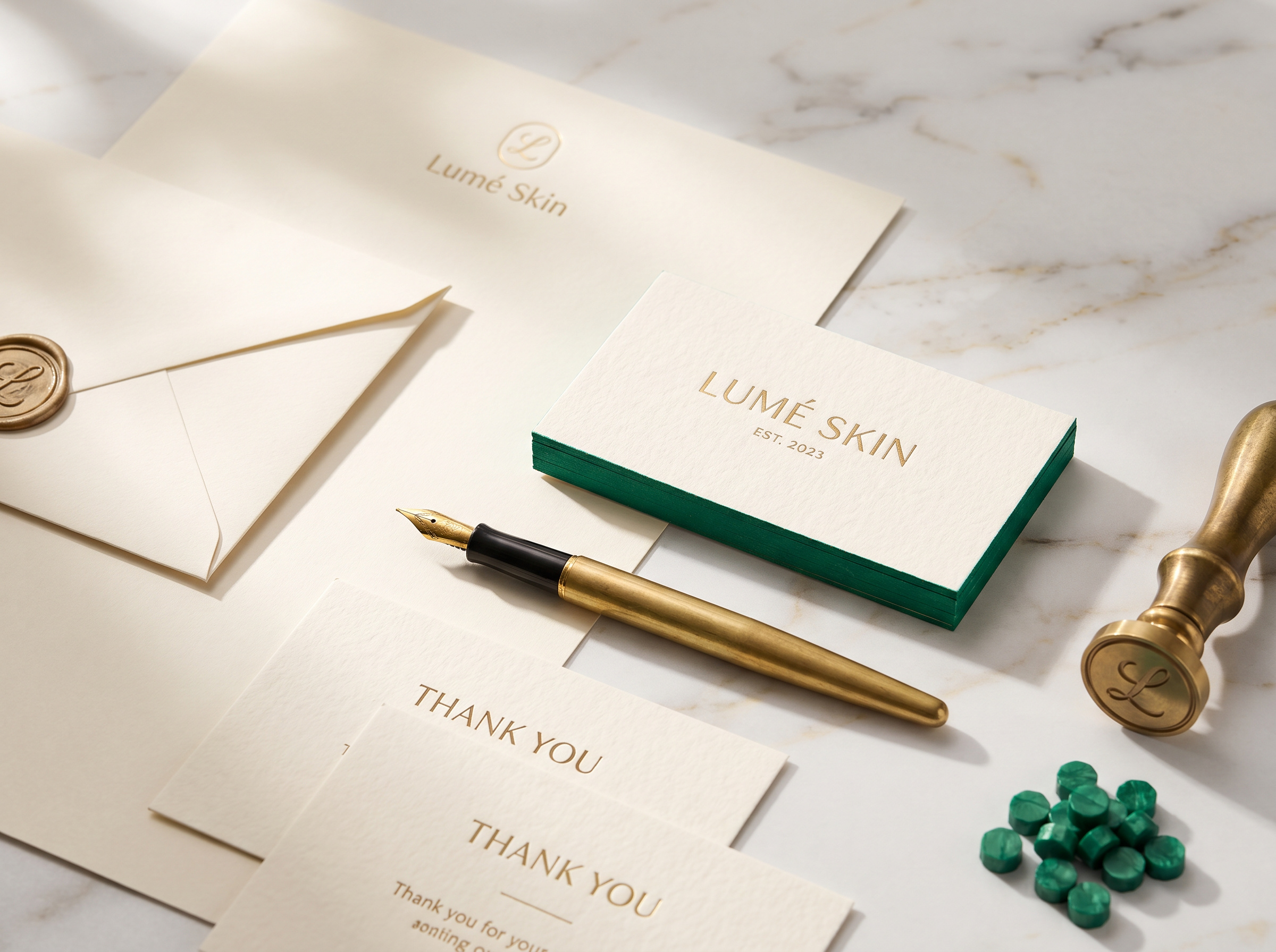 Lumé Skin stationery suite — business cards, letterhead, and envelope with brand elements