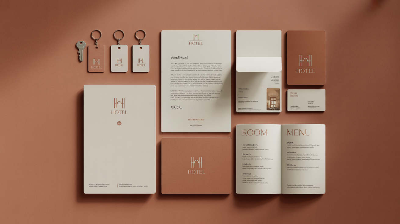 Meridian Hotels brand identity system — key cards, stationery, room signage, and menu design