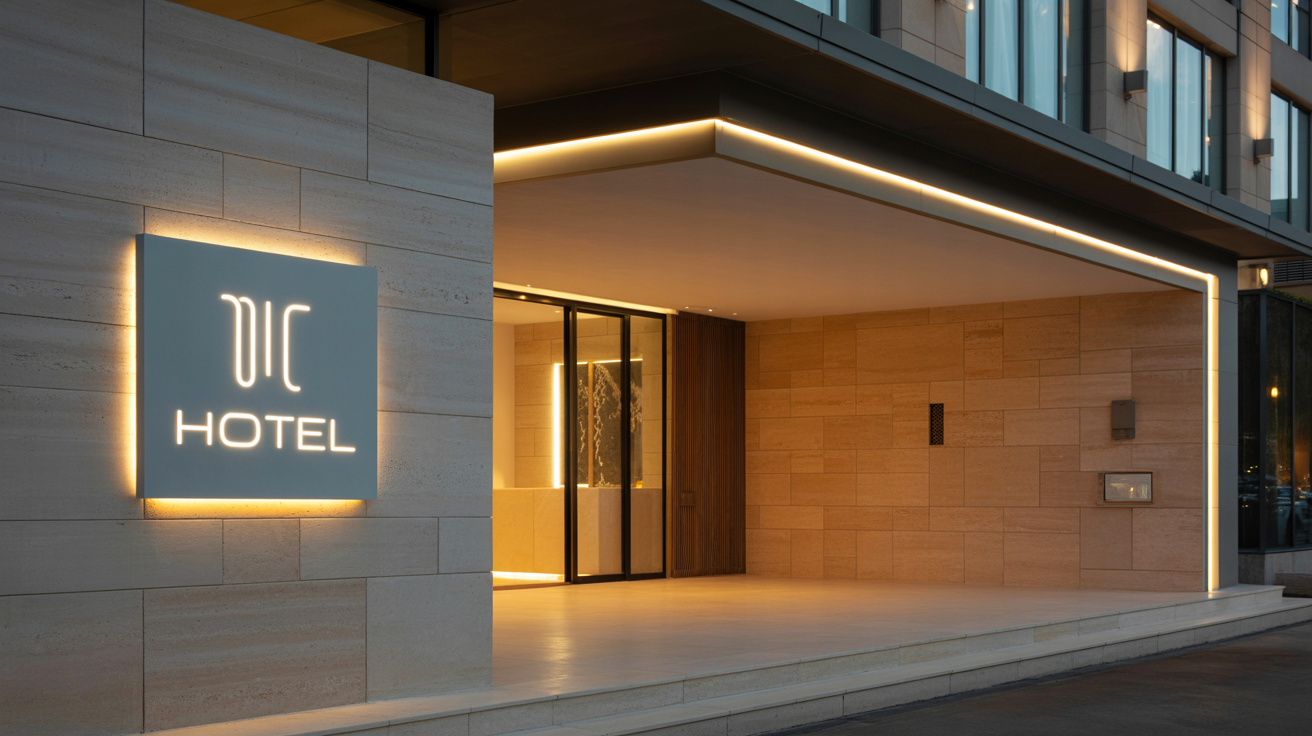 Meridian Hotels exterior signage — modern minimalist entrance with illuminated logo at dusk
