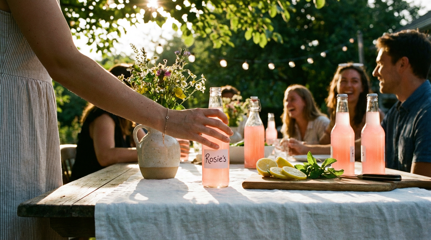 Rosie's Lemonade lifestyle campaign — outdoor summer gathering with bottles on rustic table in golden hour light