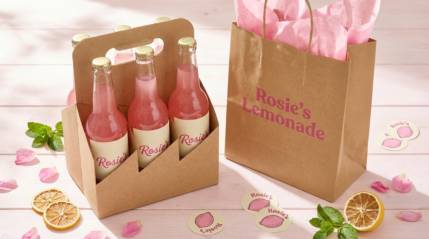 Rosie's Lemonade packaging — kraft carrier, branded bag, and bottles with pink script branding