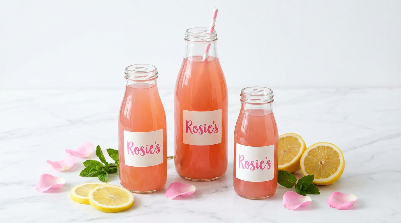 Rosie's Lemonade product flat-lay — pink lemonade bottles with hand-lettered labels on white marble