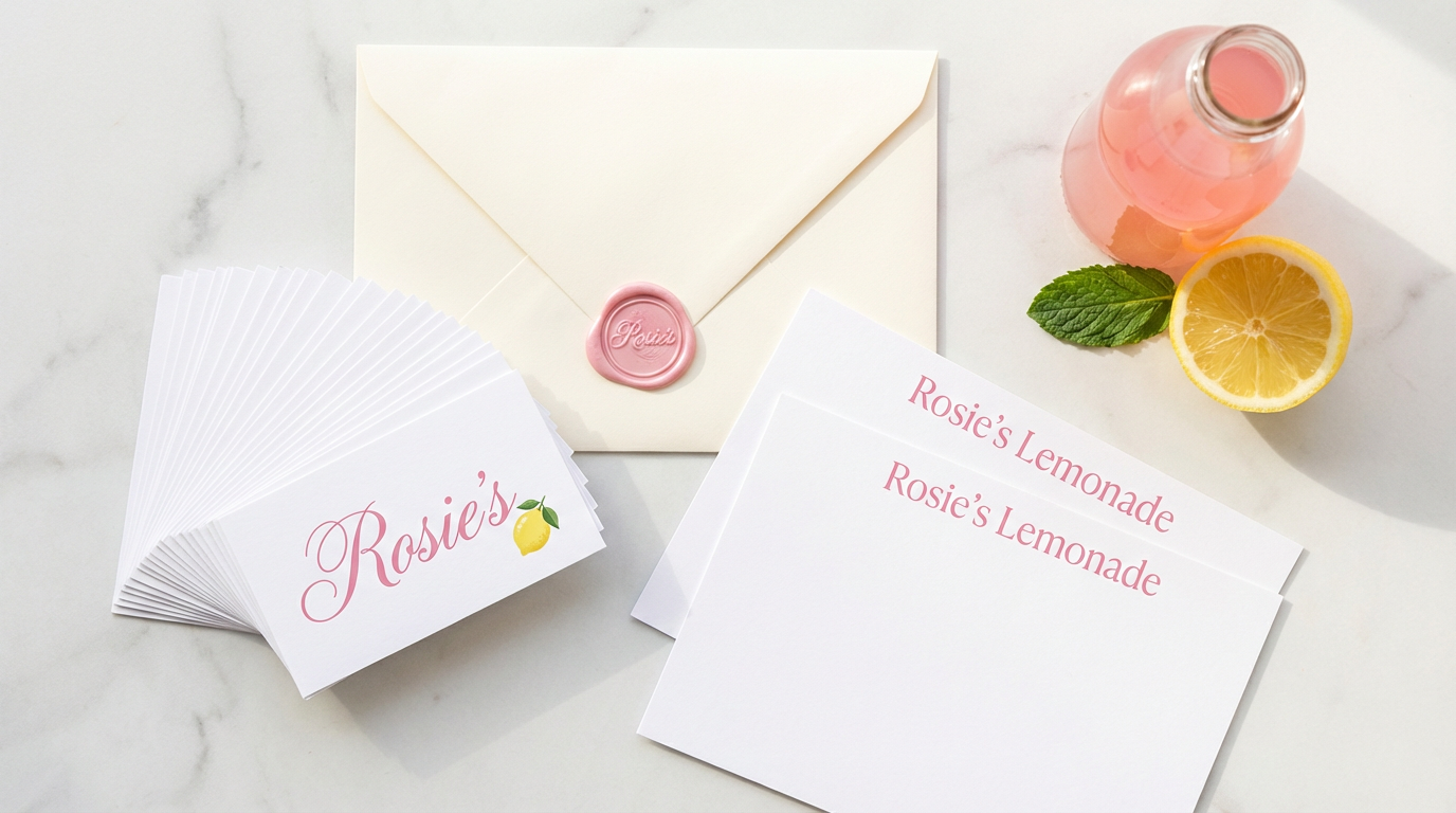 Rosie's Lemonade stationery suite — business cards with pink script, envelope with wax seal, thank-you cards