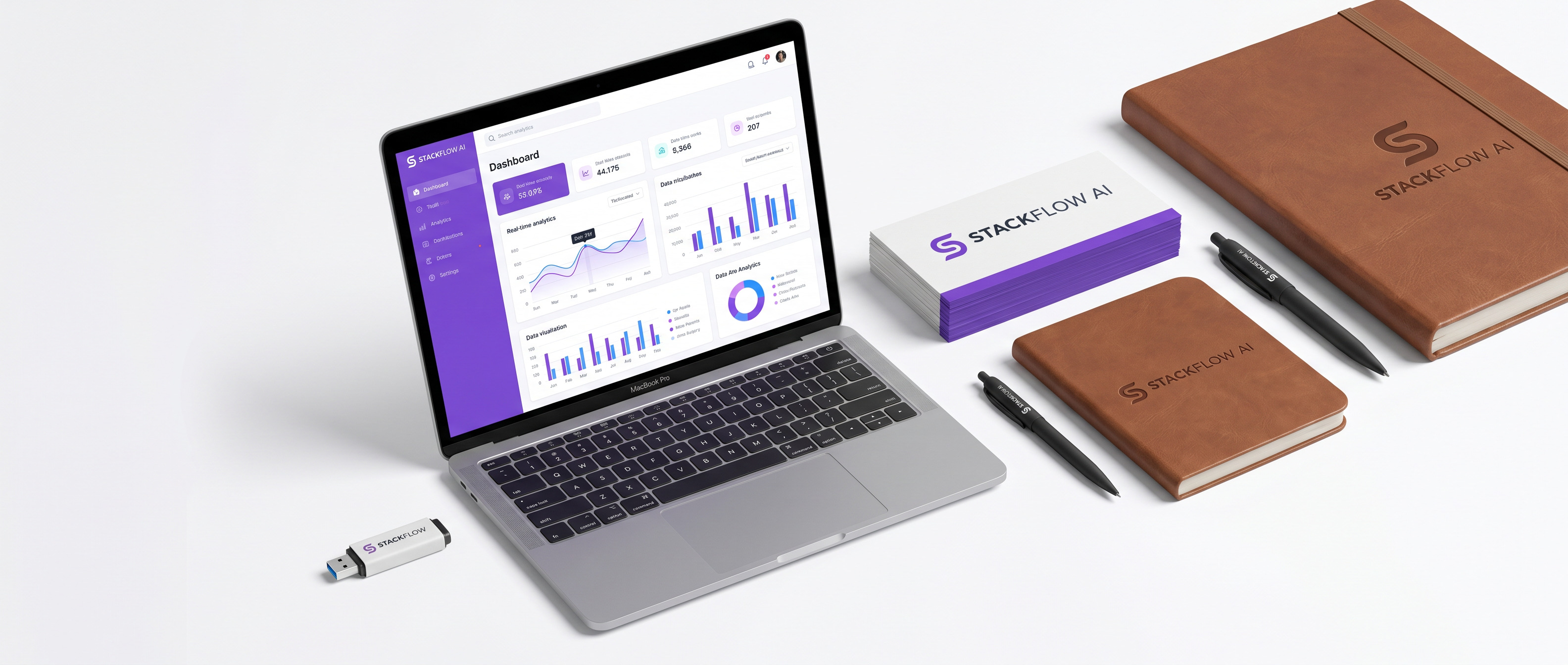 StackFlow AI brand identity system — logo on laptop, business card, and office signage