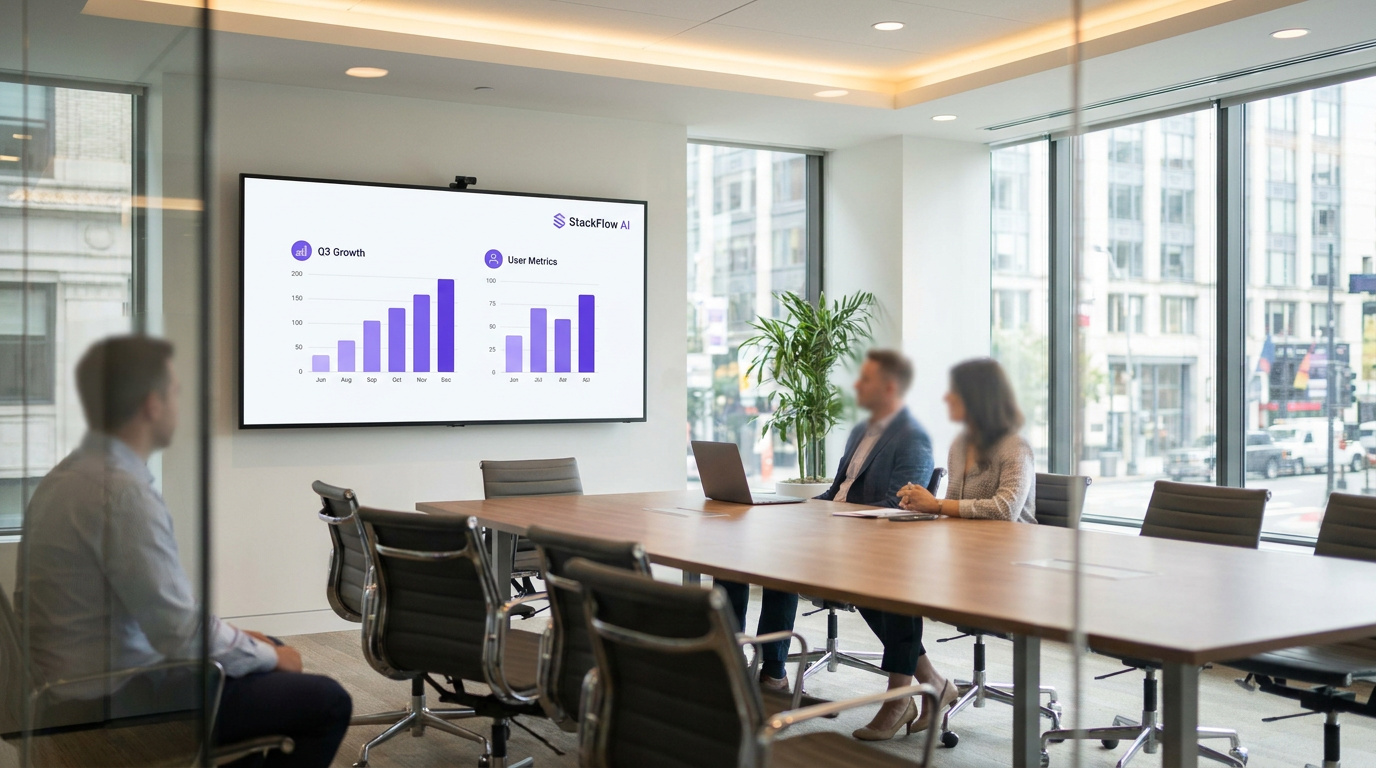 StackFlow AI pitch deck — branded presentation slides with data visualizations