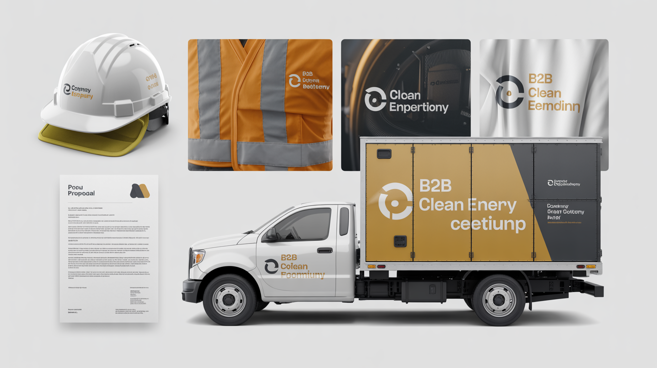 Volta Energy brand collateral — branded hardhat, vehicle wrap, and proposal documents