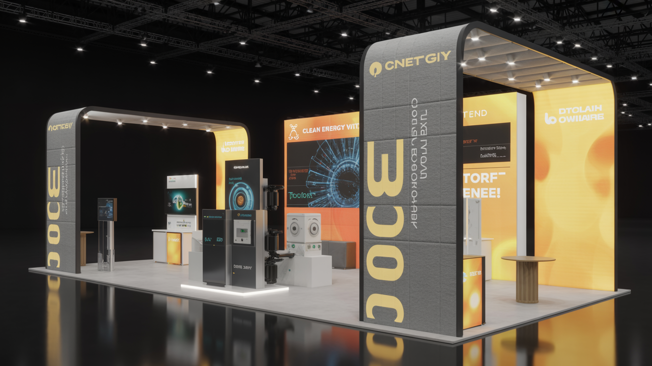 Volta Energy trade show booth — modern exhibition design with backlit brand graphics